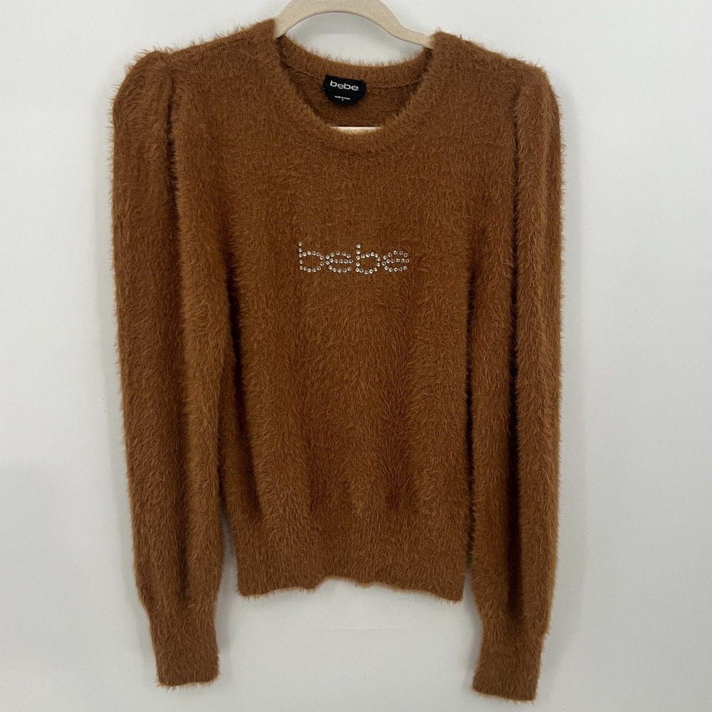 Bebe Brown Eyelash Knit Rhinestone Logo Puff Sleeve Sweater Medium